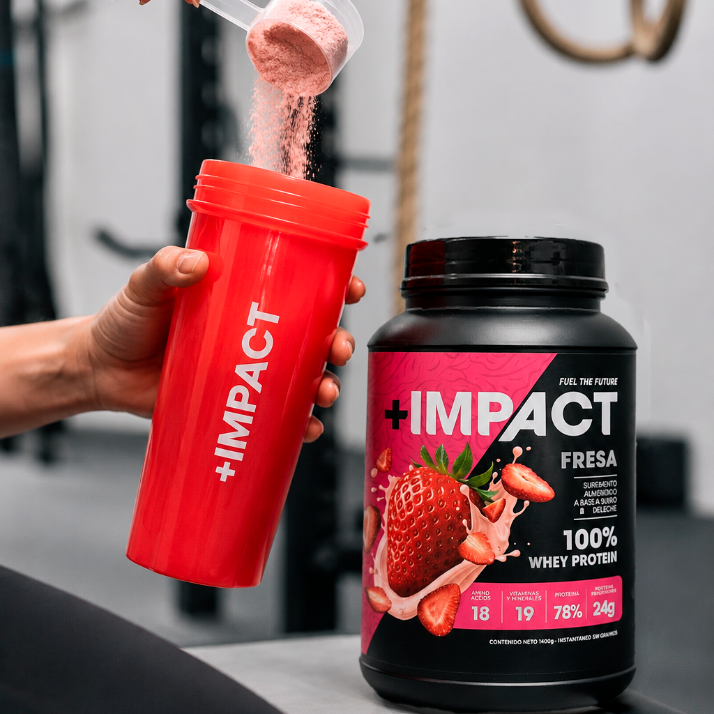 +Impact Whey Protein Sabor fresa + shaker rojo