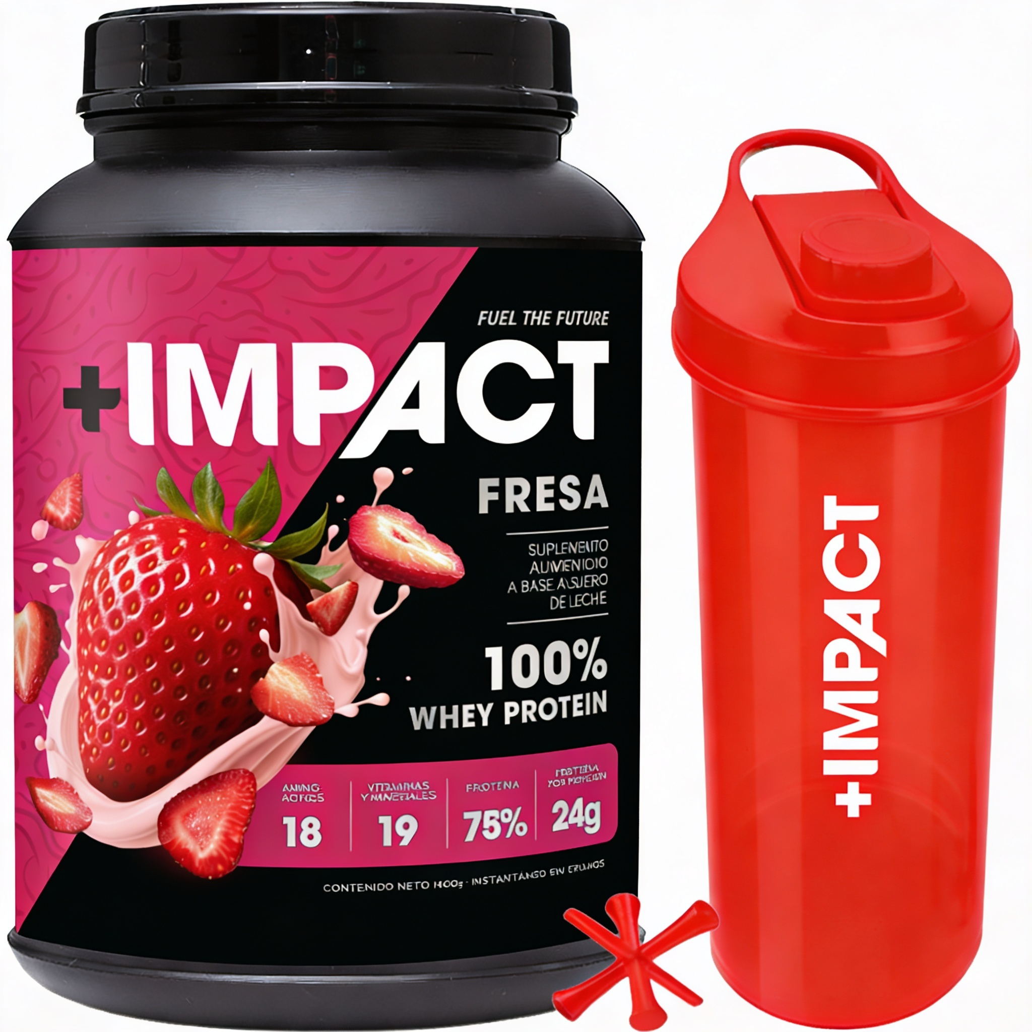 Proteína +IMPACT 100% Whey Protein Fresa 1400g + Shaker Rojo