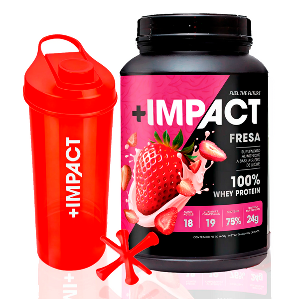 +Impact Whey Protein Sabor fresa + shaker rojo